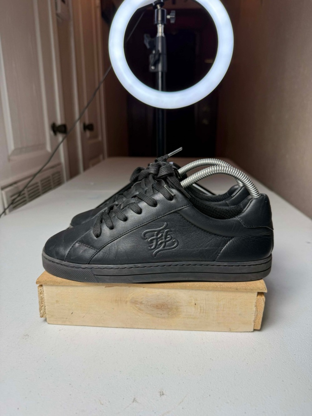 Used FENDI FF Embossed Black Leather Sneakers Sz 37.5 / US 7.5 - Picture 2 of 13